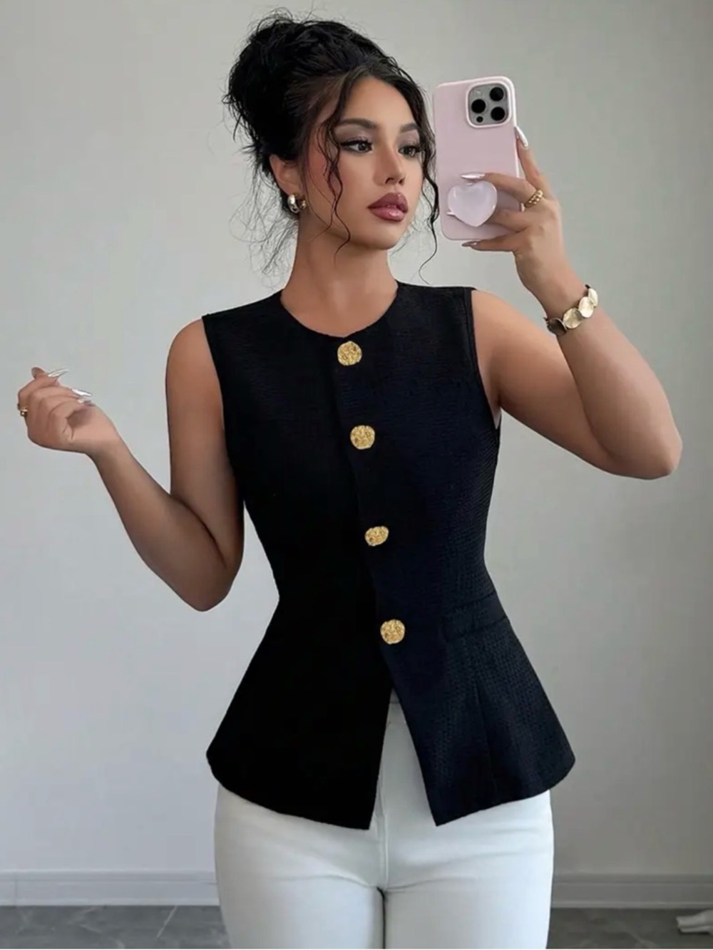 Elegant Black Sleeveless Peplum Top with Gold Medallion Buttons